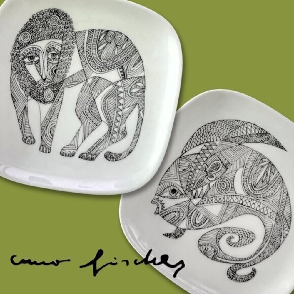 2 Signed Cuno Fischer Dishes, Rosenthal Studio, 4.25" Mod, Hip Lion & Fish, rare